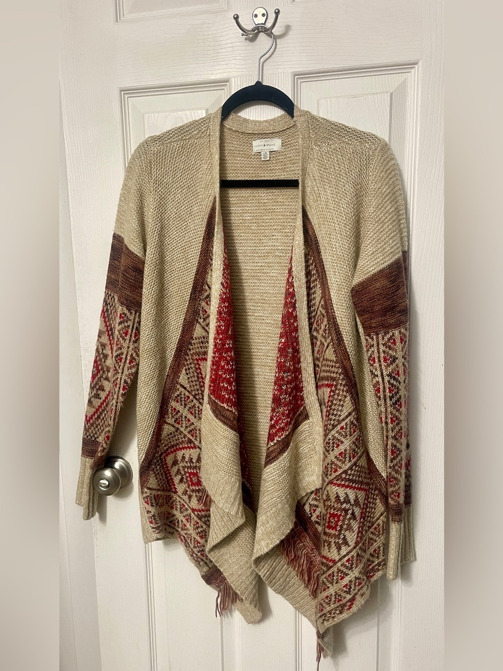 Lucky Brand Women's Duster Open Front Cardigan Aztec Fringe Size Large